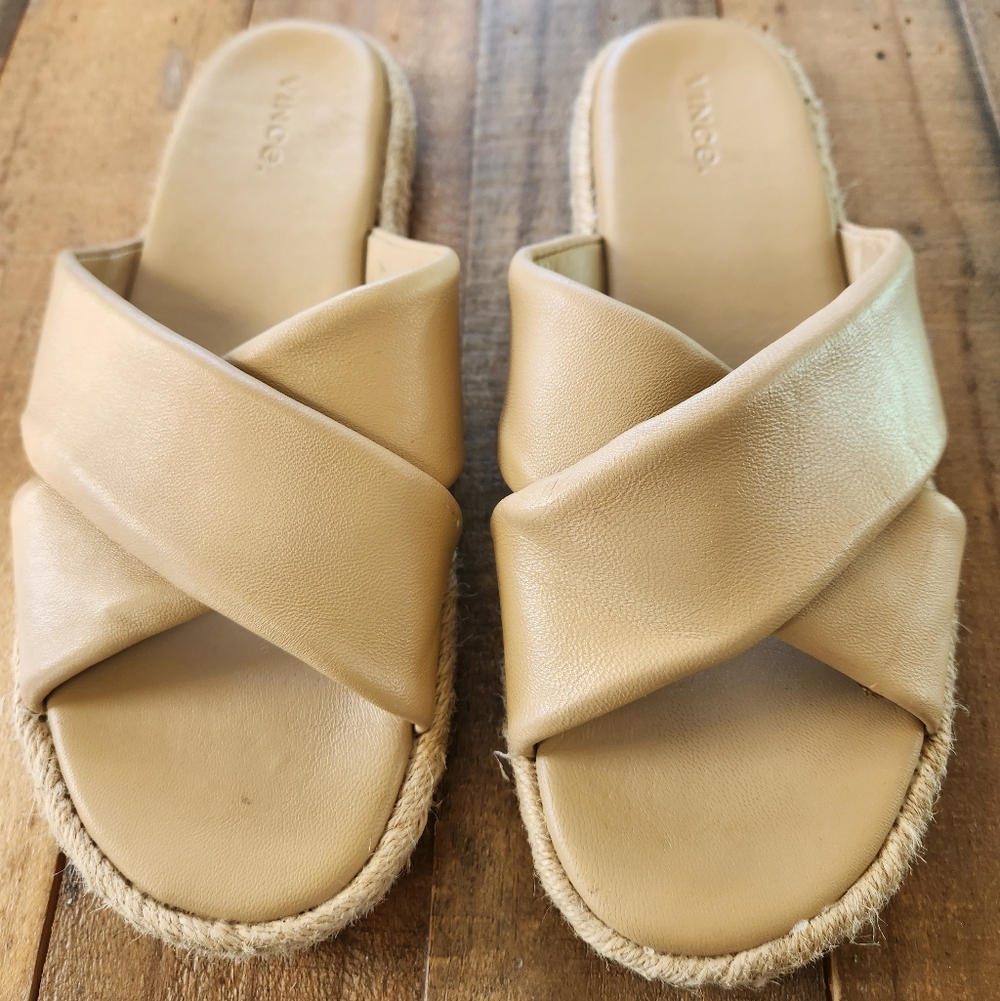 Vince Woven Leather Espadrille Slides – US 8 / EU 38 – Tan